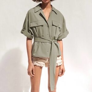 Zara Cargo Blouse Olive Khaki Taupe Small Oversized Shirt Top *No Belt*